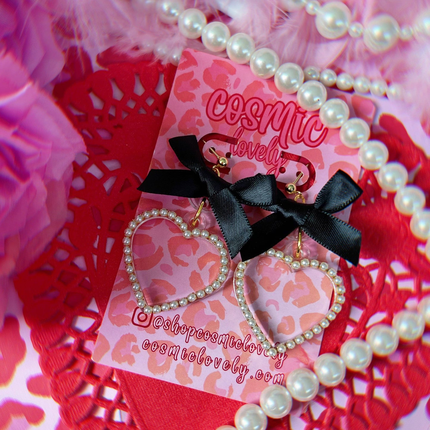 Black Bow Coquette Heart Earrings