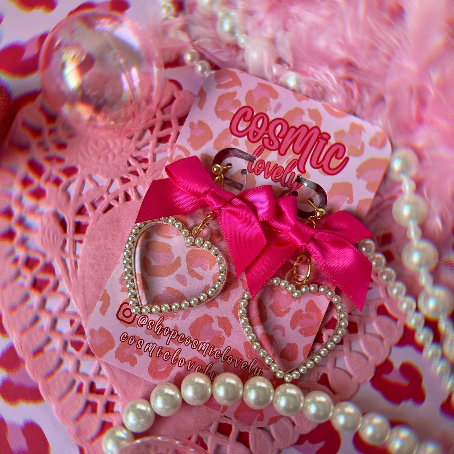 Hot Pink Bow Coquette Heart Earrings