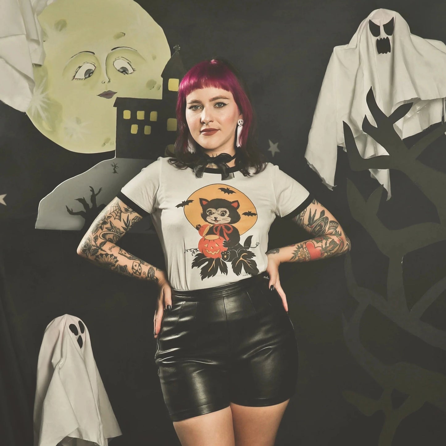 Black Cat Night Ringer Tee on model