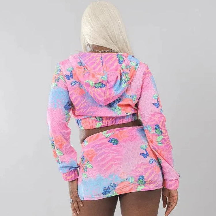 Velour Cropped Zip Front Hoodie in Animal Print