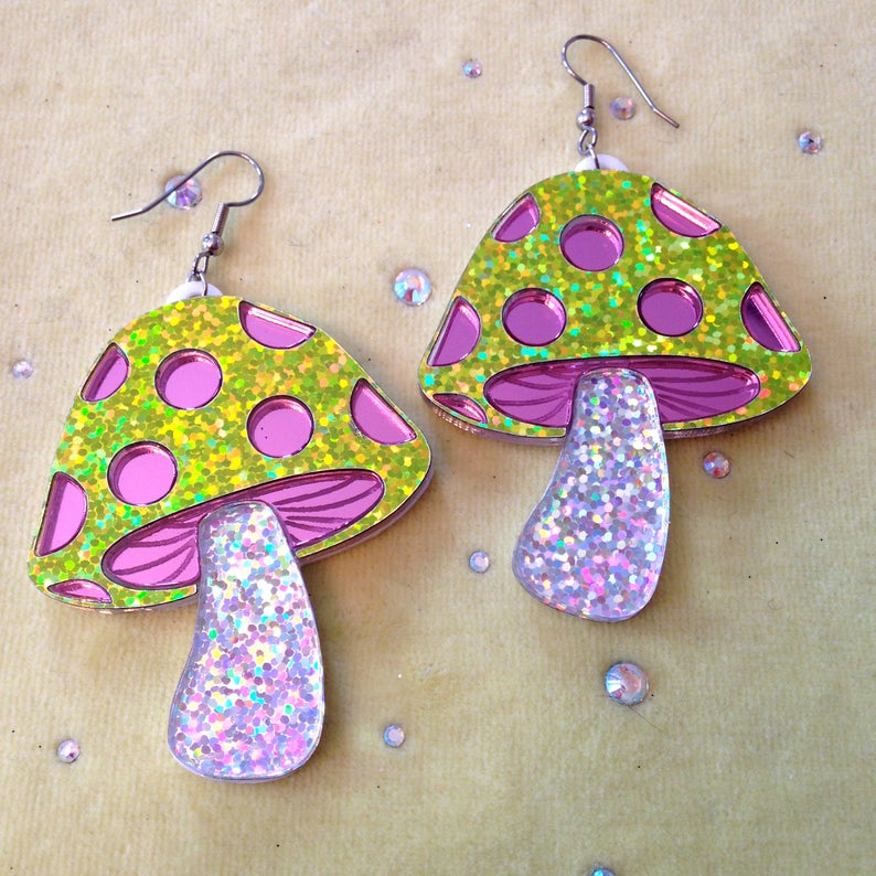 Magical Glitter Mushroom Acrylic Statement Earrings