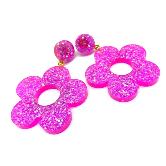 Neon Pink Glitter Flower Earrings