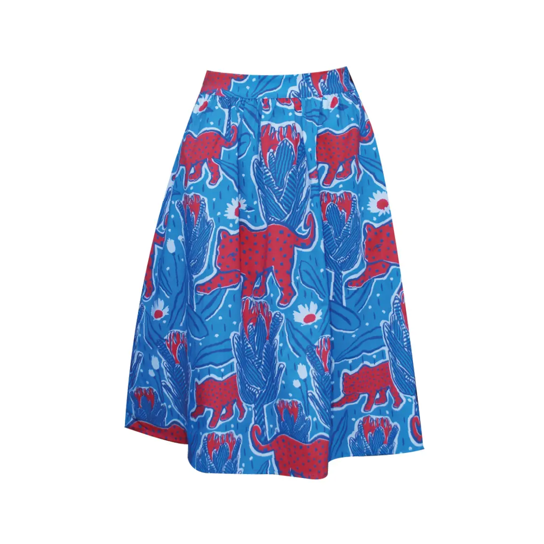 Blue a-line skirt with red jaguar pattern