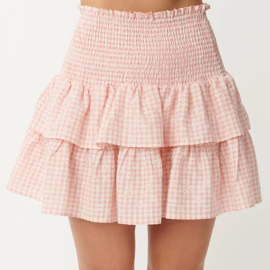 Pink Gingham Floral Petal Pusher Flare Skirt