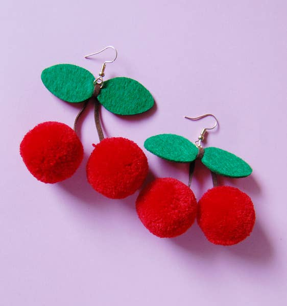 Cherry Pom Pom Earrings