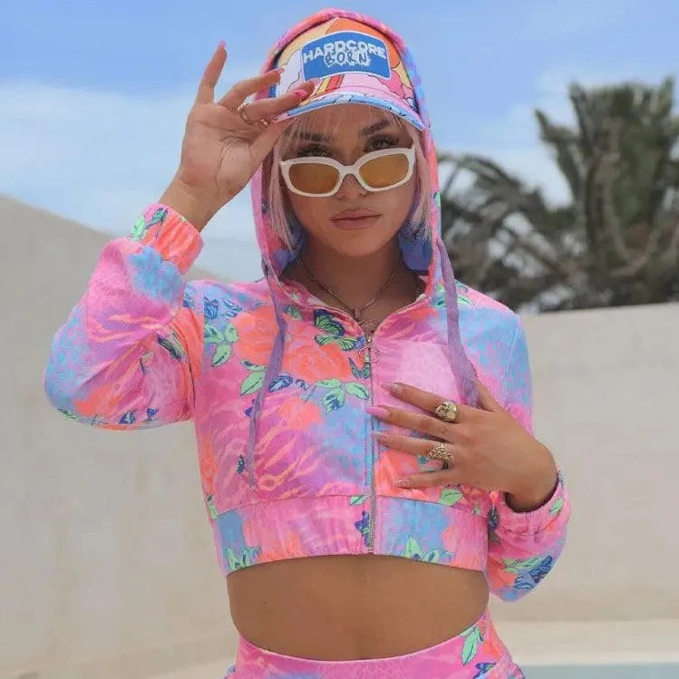 Velour Cropped Zip Front Hoodie in Animal Print