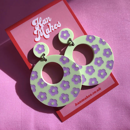 Flower Print Mod Hoop Earrings