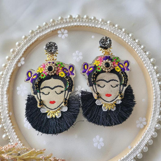 Embroidered Frida Black Fringe Earrings