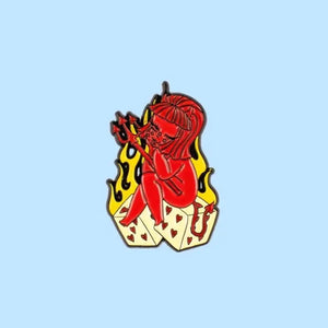 Valfre Love is a Losing Game Enamel Pin featuring red devil character on a pair of dice with flames in the background
