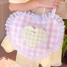 Load image into Gallery viewer, Pink Gingham Heart Bag with lace edges and yellow gingham pocket
