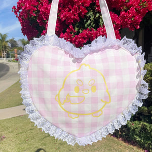 Pink Gingham Heart Bag with screen printed cartoon duck
