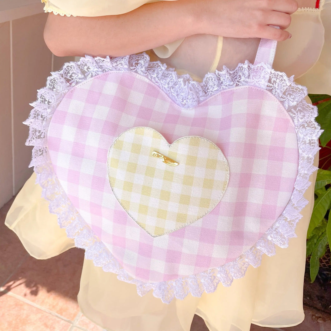 Pink Gingham Heart Bag with lace edges and yellow gingham pocket