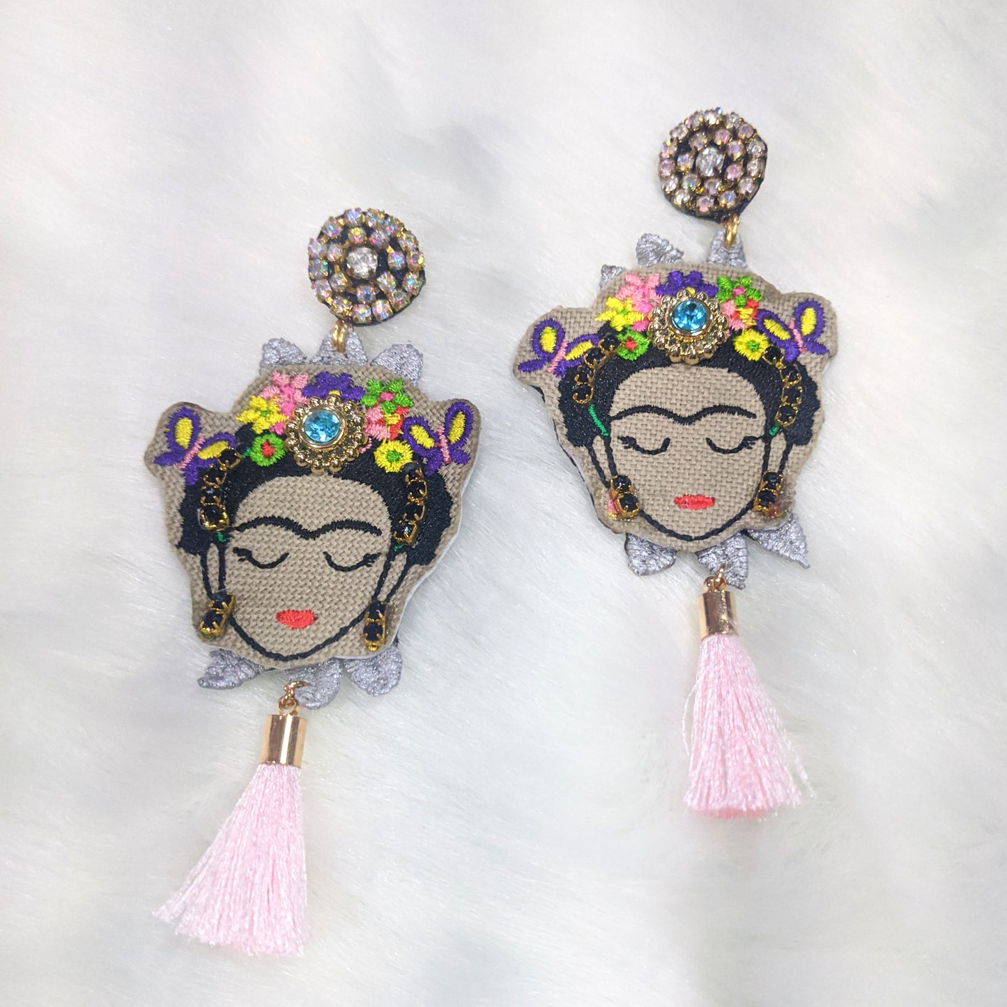 Embroidered Frida Pink Tassel Earrings