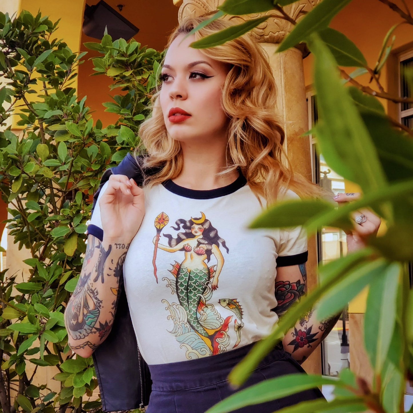 Model wearing Queen of the Seven Seas Ringer Tee by MIschief Made